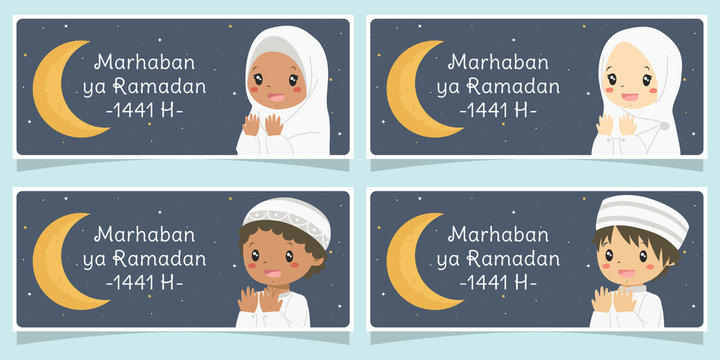 Marhaban ya Ramadan 1441 Hijri banner. Happy muslim kids praying with a crescent moon, isolated in blue background. Printable Eid Al-Fitr muslim celebration banner, greeting card cartoon vector.