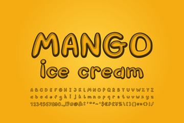 Mango ice cream color alphabet handwritten font. Stylized retro style for food design. Uppercase and lowercase letters, numbers, symbols. Vector illustration
