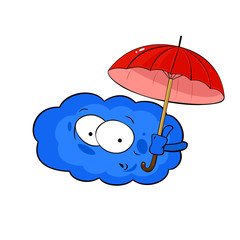 Cute cartoon cloud with umbrella on white background. Great character for illustrating weather.