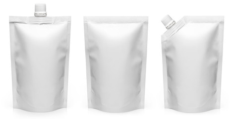 Set of different types of white doypack, isolated on white background