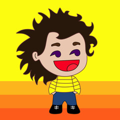 satisfied boy looking sideways that just saw something awesome & now has a happy smiling face with facial expression of awesomeness, simple colored emoticon, primitive vector art