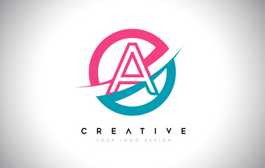 A Letter Design logo icon with circle and swoosh design Vector and blue pink color.