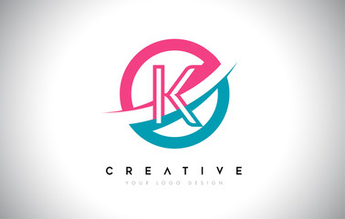 K Letter Design logo icon with circle and swoosh design Vector and blue pink color.