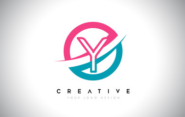 Y Letter Design logo icon with circle and swoosh design Vector and blue pink color.