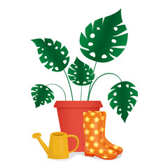 Potted flower, rubber boots and a watering can. Vector illustration isolated on a white background. Clip art for the design of sites, banners, labels, covers.