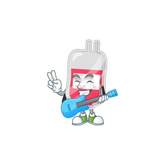 Happy face of bag of blood cartoon plays music with a guitar