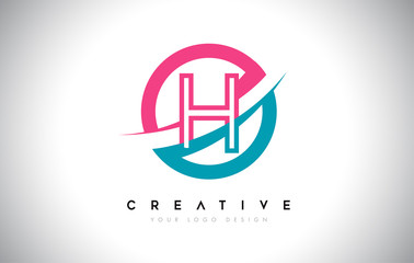H Letter Design logo icon with circle and swoosh design Vector and blue pink color.