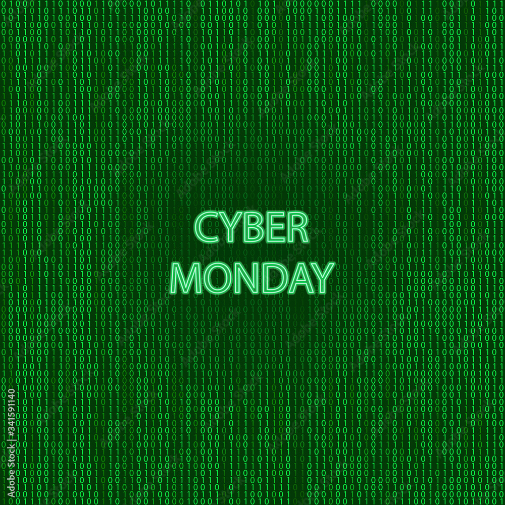Fototapete Stream of binary code on screen. With cyber monday headline. Abstract vector background. Data and technology, decryption and encryption, computer matrix background with the green symbols and numbers.