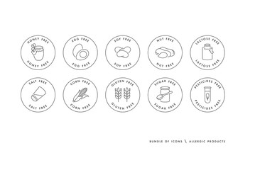 Vector set of logos, badges and icons for natural and organic products. Free from allergic products - gluten, gmo, lactose and egg free, soy, honey.