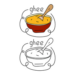 Indian cuisine - ghee. Two hand drawn badges - flat and outline design. Vector illustrations on white background.