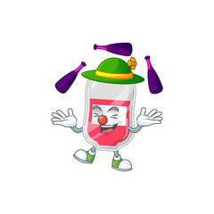 mascot cartoon style of bag of blood playing Juggling on stage