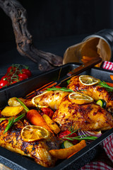 Grilled chicken legs with various vegetables and herbs.