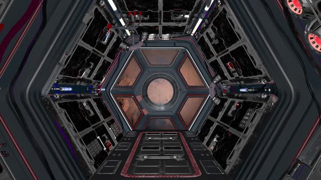 Fantastic SciFi corridor of a spaceship. From the window you can see planet Mars. Elements of this video furnished by NASA.