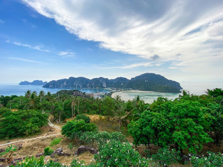 Fototapeta na wymiar Great view from view point of the tropical paradise island Phi Phi Don to Phi Phi archipelago, Krabi province, Thailand. Background, concept of travel, vacation in tropical countries and tours