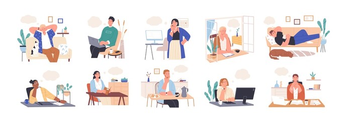 Collection of dreaming people isolated on white. Smiling thoughtful young men and women working and relax at home. Dreamy characters with thought bubble. Vector illustration in flat cartoon style