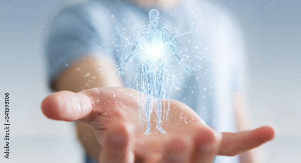 Poster Man using digital x-ray human body holographic scan projection 3D rendering