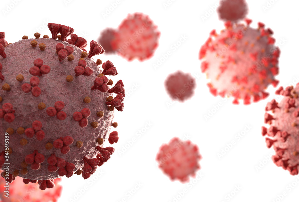 Poster 3d rendering of the coronavirus on a microscopic level. microscope close-up of the covid-19 disease.