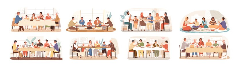 Collection of scenes with family at festive dinner. Children, parents and grandparents eating national dishes together. Holiday meal in various countries. Vector illustration in flat cartoon style