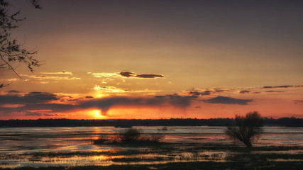 Fototapeta na wymiar Spring sunset over the flooded meadow