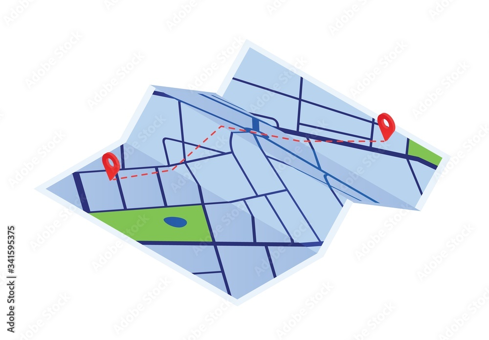 Poster cartoon paper map with red points vector graphic illustration. colorful local street gps navigate is