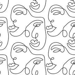 Vlies Fototapete Eine Linie Eine Strichzeichnung abstraktes Gesicht nahtloses Muster. Moderne Minimalismuskunst, ästhetische Kontur. Kontinuierlicher Hintergrund mit Frauen- und Manngesichtern. Vektorgruppe von Menschen