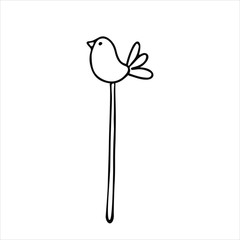 Decorative figure of a sitting bird on a stick in doodle style. Hand drawn vector illustration in black ink isolated on white background.