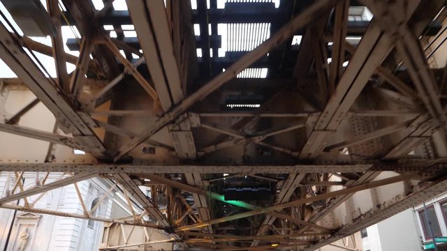 Chicago CTA Elevated Railway, Steel Construction Above Downtown Street, View From Moving Vehicle, Slowmotion