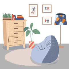 Illustration of minimalistic scandinavian interior with furniture plants, pictures. Flat vector illustration. Separate object isolated on white background. © Mariya