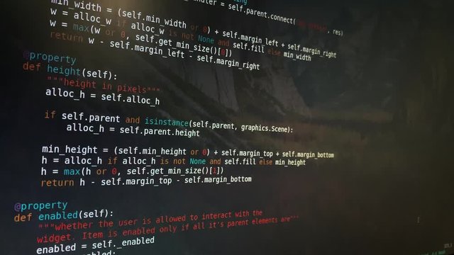 Close up of reading some Python code on computer, quickly going through it in a quite transparent terminal.