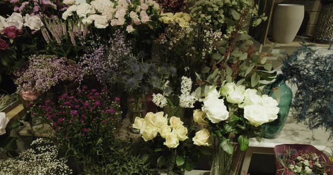 Colourful Flower Arrangements In A Florist Shop Business.