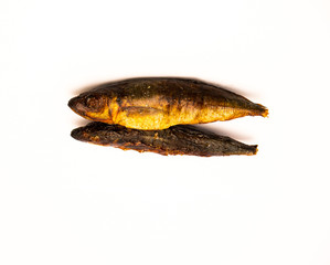 Freshly smoked fish isolated against a white background
