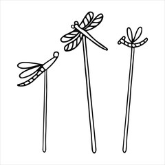 Set of decorative figures of dragonflies on sticks in doodle style. Hand drawn vector illustration in black ink isolated on white background.