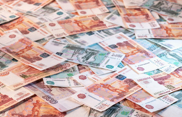 Background of banknotes of five and one thousand Russian rubles