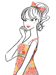 口に手を当ててこちらに微笑むポニーテイルの女性