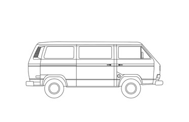 Detailed circuit retro, vintage, travel, camper van, on white background. Roud badge vintage van car. Round sticker van life. vector eps 10