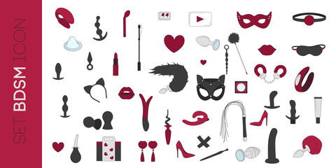 Big set of vector bdsm icons. Colored symbols of intimate toys. Isolated over white background.
