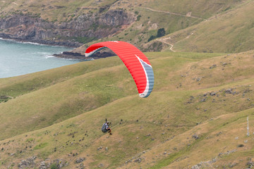 red paraglider in flyght over slopes at Taylors Mistake bay  ocean shore, Christchurch, New Zealand