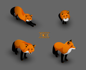 Set of flat ginger foxes, cartoon vector illustration isolated on gray. Funny and cute animal character design.