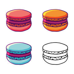 Vector cartoon set with macaroon isolated on a white background. Colored and outline french cookies icons or logo for bakery, pastry or cake shop, confectionery, cafe, bakery house.