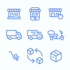 Icon set of the online shopping logistics. Fast and cheap delivery services for the e-commerce businesses.  Round and thin vector illustration of the delivery services.
