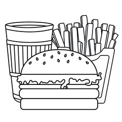 Black and white set of fast food. Burger, coffee and french fries.Coloring book antistress for children and adults. Illustration isolated on white background.Zen-tangle style. T-shirt emblem, logo.
