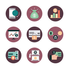 mobile banking, financial payment money business icons set block style