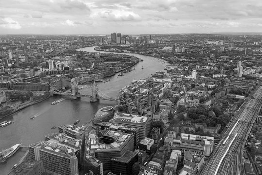 Fototapeta Aerial view over the City of London and River Thames in black and white, England, Great Britain