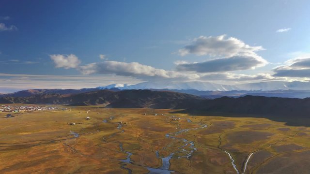 Bayan-Olgii in Mongolian Altai Mountains Steppe wilderness, aerial drone view