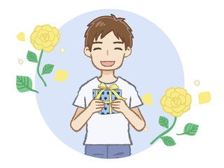 プレゼントを持つTシャツ男性 フレーム付き　上半身