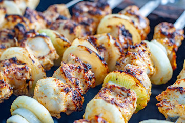 Grilled chicken breast. Grilled food cuisine. Barbecue grill picnic. Fresh cooked meat close-up. Tasty meal for background