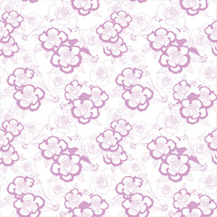 Seamless pattern roses and birds in pastel purple on white background