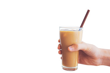 Man hand holding the iced coffee isolated on white background, Cool coffee in hand.