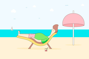 A young man on the beach is relaxing and drinking a cocktail under the scorching sun. near the tent from the sun. Modern style with a pastel palette blue tinted background with unsaturated clouds and