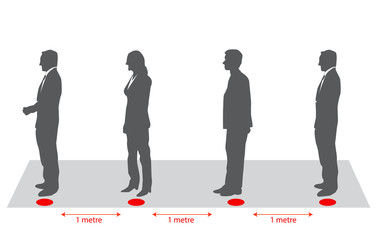 Physical and social distancing on workplace.  Keeping the distance in public places and offices to prevent and stop spreading of corona virus (COVID-19). businessmen miniature keep distance.